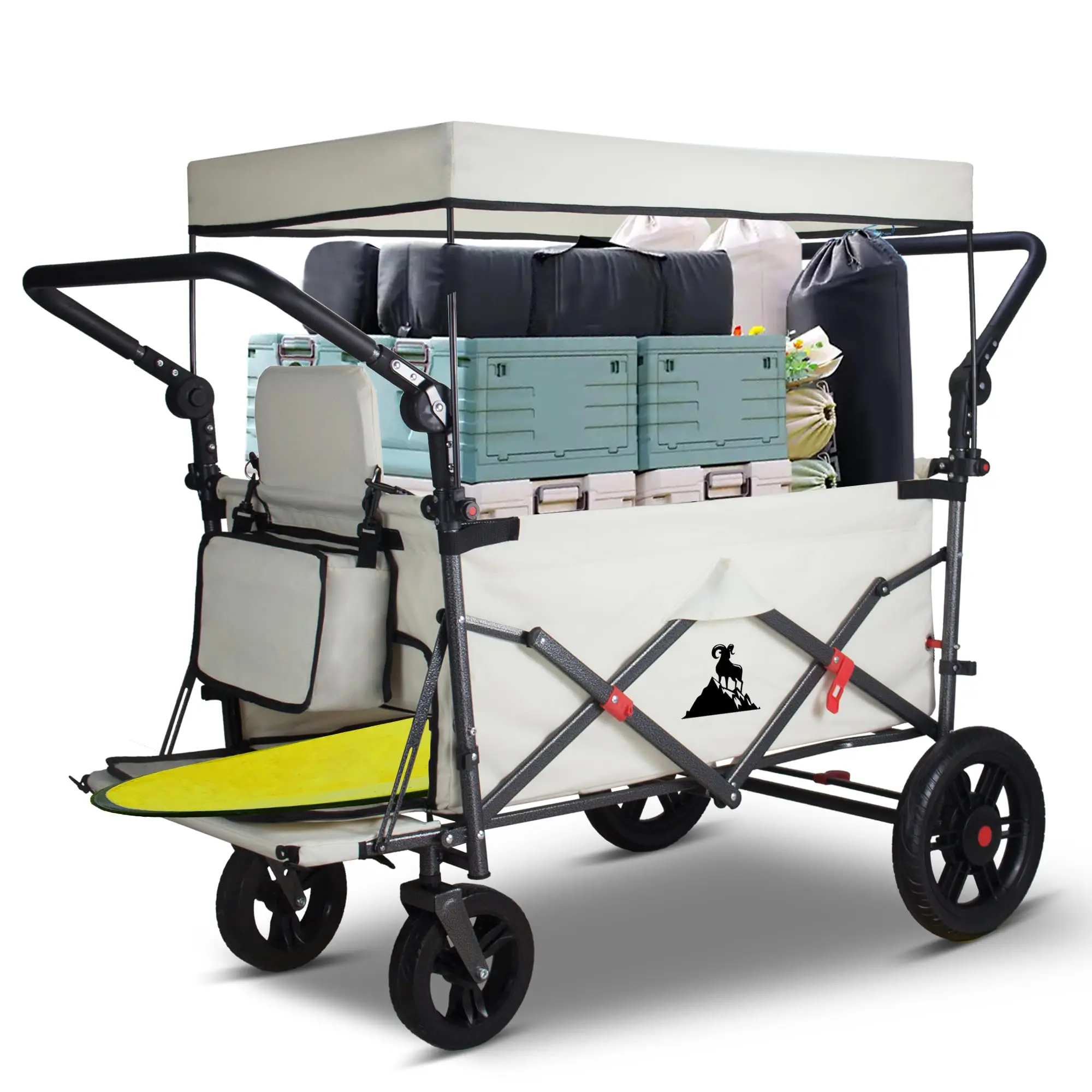 Foldable Wagon with Canopy - Collapsible Utility Cart with 2 Seats & Belts, Adjustable Handle, Expandable Front for
