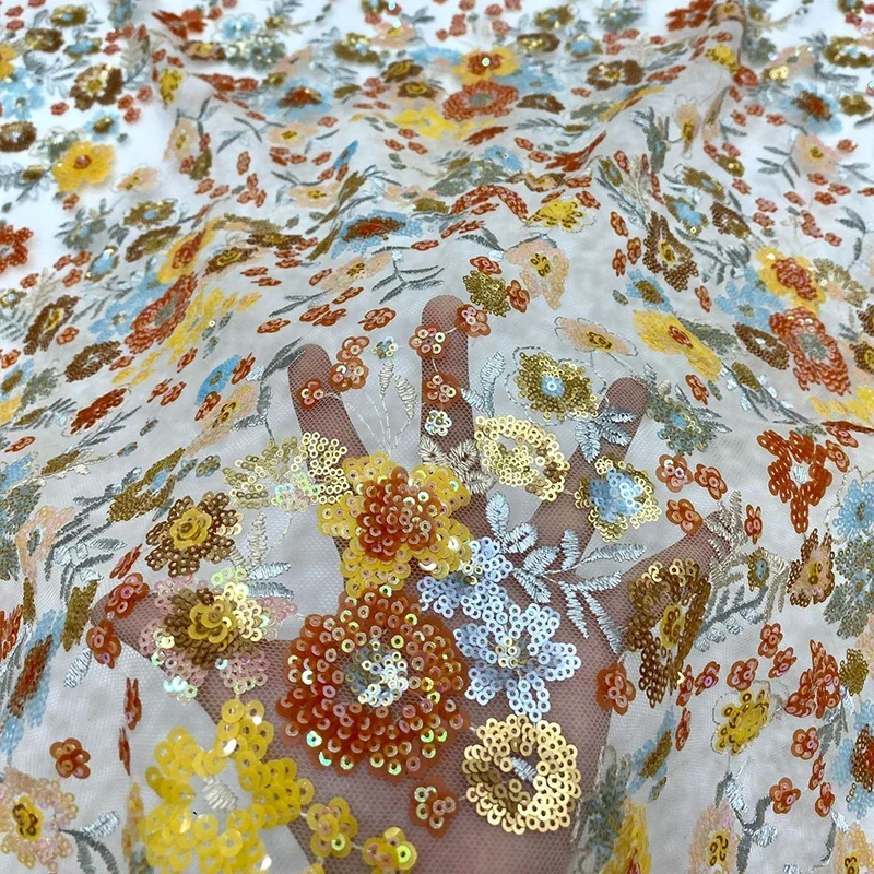 Colorful Sequins Embroidered Mesh Fabric Heavy Embroidery Lace Fabric for Dress Shirt Evening Gown Cheongsam DIY Sewing
