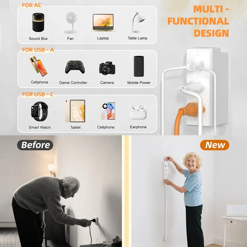 Retractable Socket Rotates Electrical Outlet Extender Adjustable Length 180° Power Outlets Use Behind Sofas Nightstands Desk