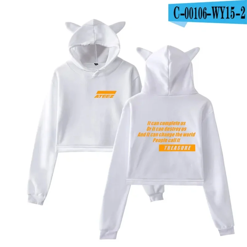 Sweat-shirt court à capuche KPOP ATEEZ pour femme, haut court, oreille de chat drôle, pull à capuche, mode coréenne, Kawaii, Y-Streetwear, RZ