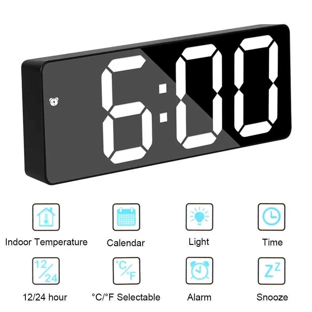 Hot Sale Large Curved Mirror LED Digital Alarm Clock Multifunctional Desk Wall Clock Home Office Kids Decor