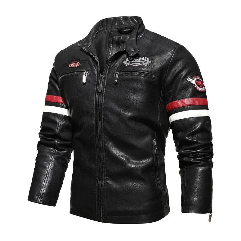 Embroidery Thin Motorcycle Jacket Racing Leather Jacket Men Color Block Patchwork Faux Leather Jacket Sprint Autumn Plus Size