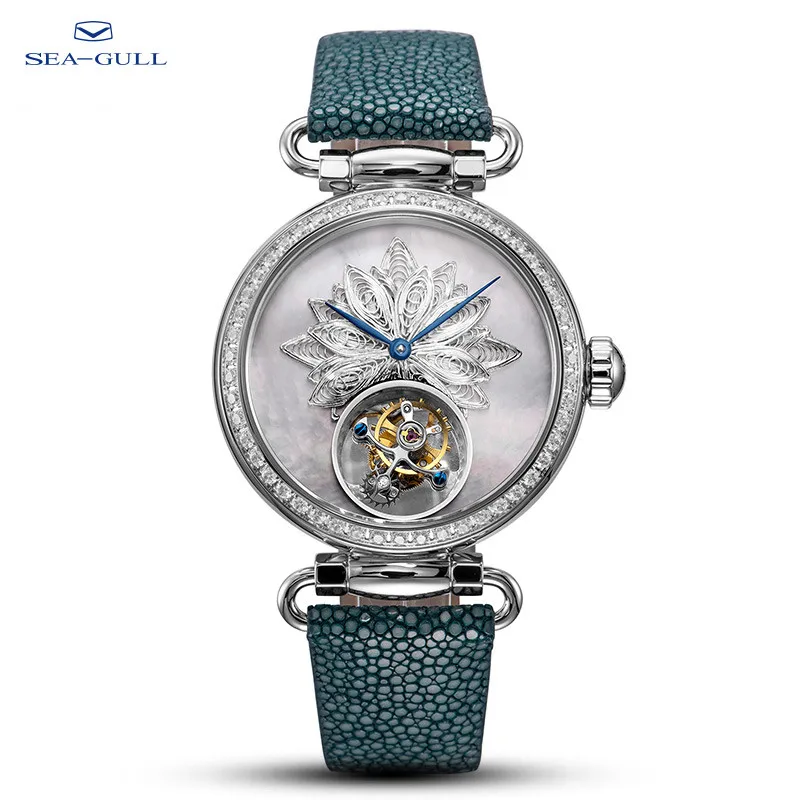 SeaghydrTourbillon-Montre Mécanique Vintage pour Femme, Montre-Bracelet à Remontage Manuel, Cuir Étanche, 8100L