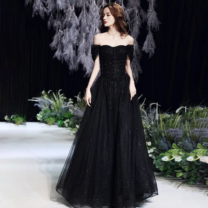 Vestido de noite preto 2025 novo feminino voz música arte exame primavera/verão reunião anual desempenho vestido