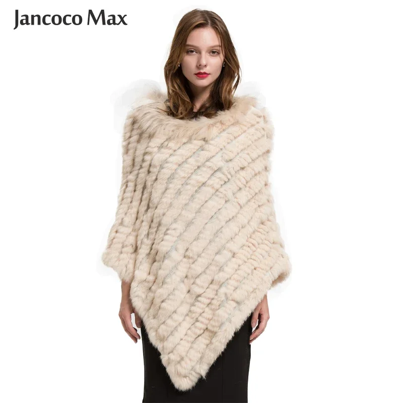 Real Fur Poncho Women's Genuine Rabbit Knitted Shawl Raccoon Fur Collar Large Cape Winter Fashion Rabbit Fur Poncho S1729