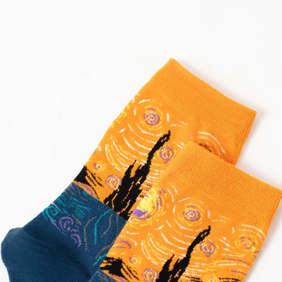 MYORED 1 pair of Autumn and winter new yellow swirl oil painting pattern men\'s fashion cotton socks mid-tube socks