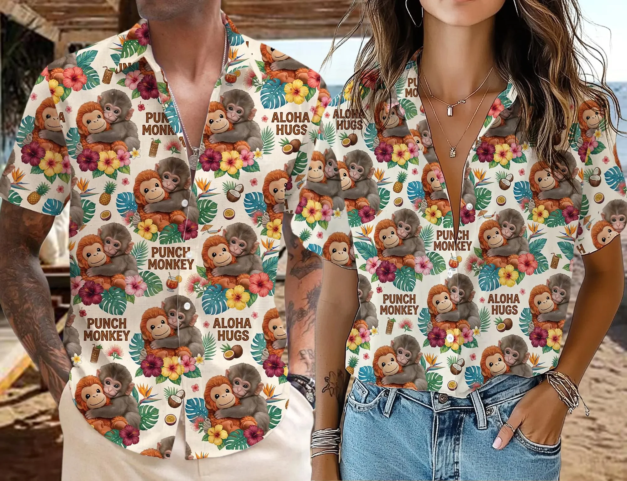 Camisa Hawaiana Punch Monkey Aloha Hugs, Linda Camisa con Estampado Floral Tropical de Mono Bebé, Camisa Aloha para Vacaciones con Amigos de la Selva