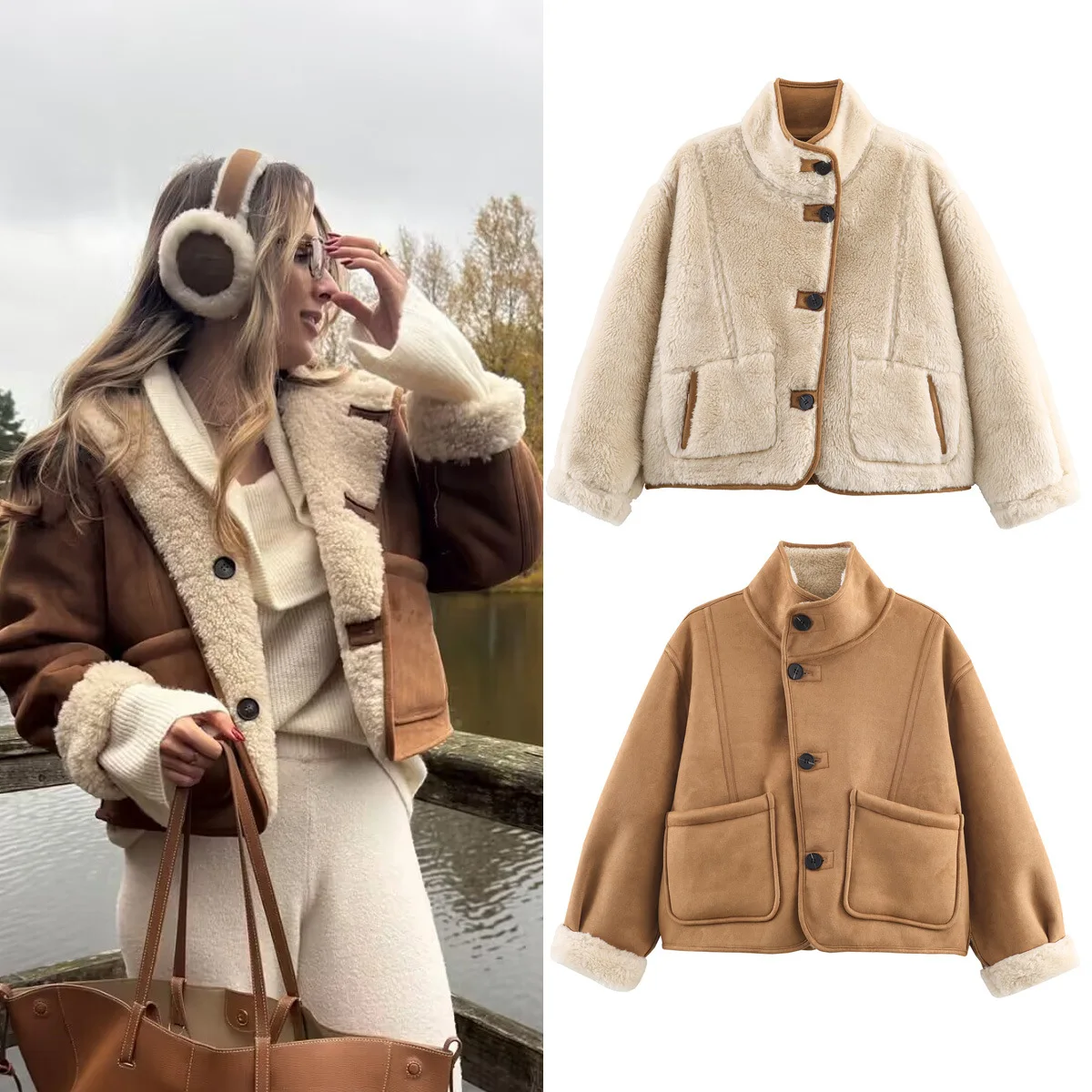 

KIDCRKJ Women Fleece Lined Winter Jacket Stand Collar Reversible Pockets Lady Integrated Fur Coat Minimalist Thick Female Coat