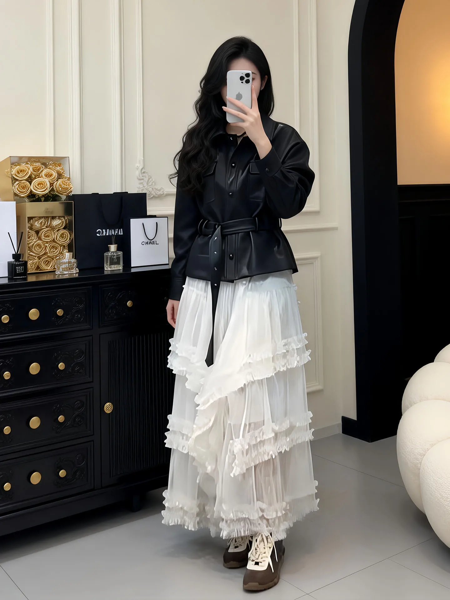 

Stylish Black Leather Jacket And High Waist Skirt Two Piece Set for Women Spring Autumn Fashion Slimming Trendy Outfit