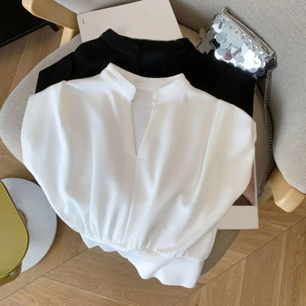 

Simple V-neck Flip Collar T-shirt Wide Shoulder Slim Fit Sleeveless Crop Top Chic Korean Style Basic Tees Shirts Women Girls