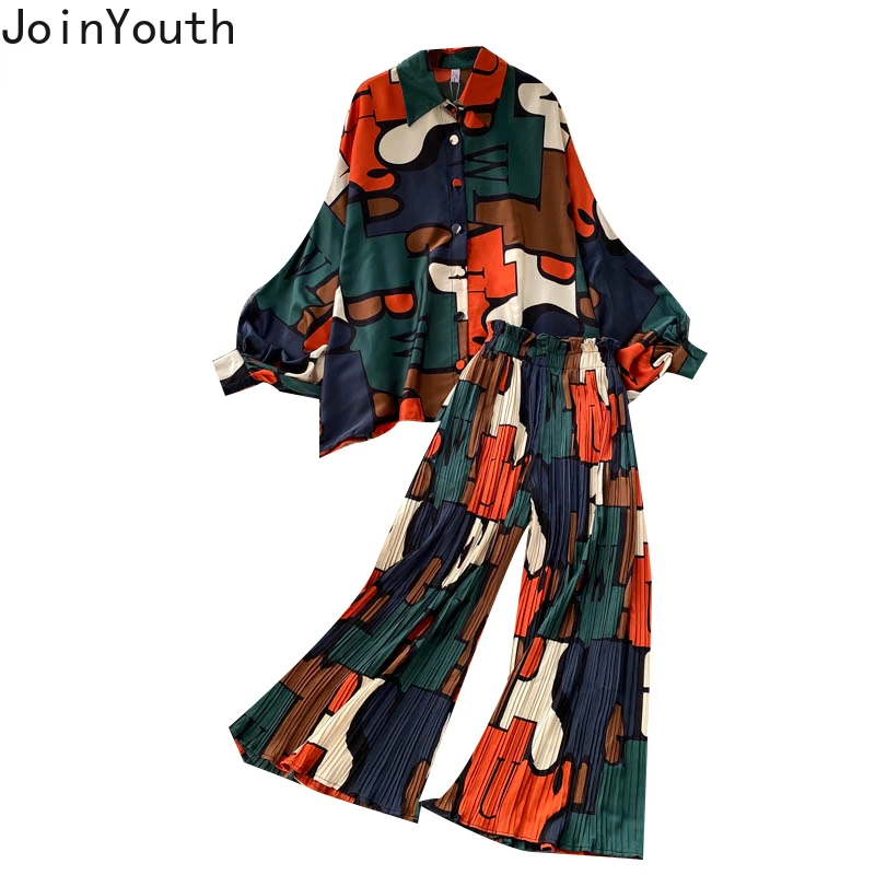 Summer Pant Suit Women Two Piece Sets Batwing Sleeve Oversized Shirt Tops + Loose Pleated Wide-leg Pants Outfits Roupas Femme