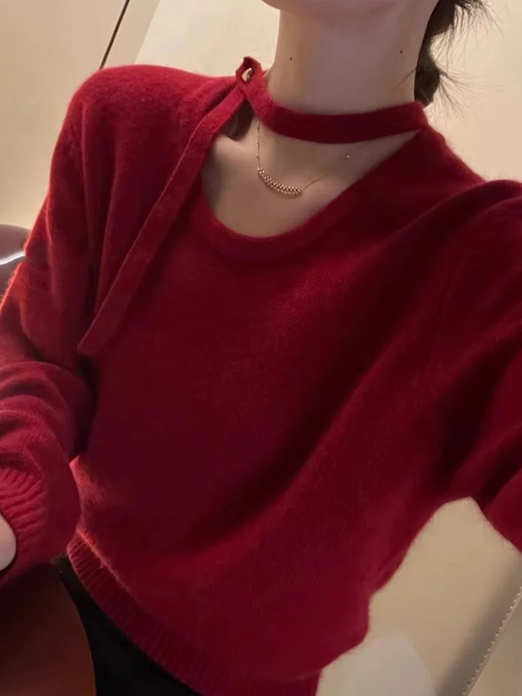 New Year Red Long Sleeve Knitted Top Overhead Casual Neck Hanging Design Soft Bottoming Shirt Versatile Casual Sweater