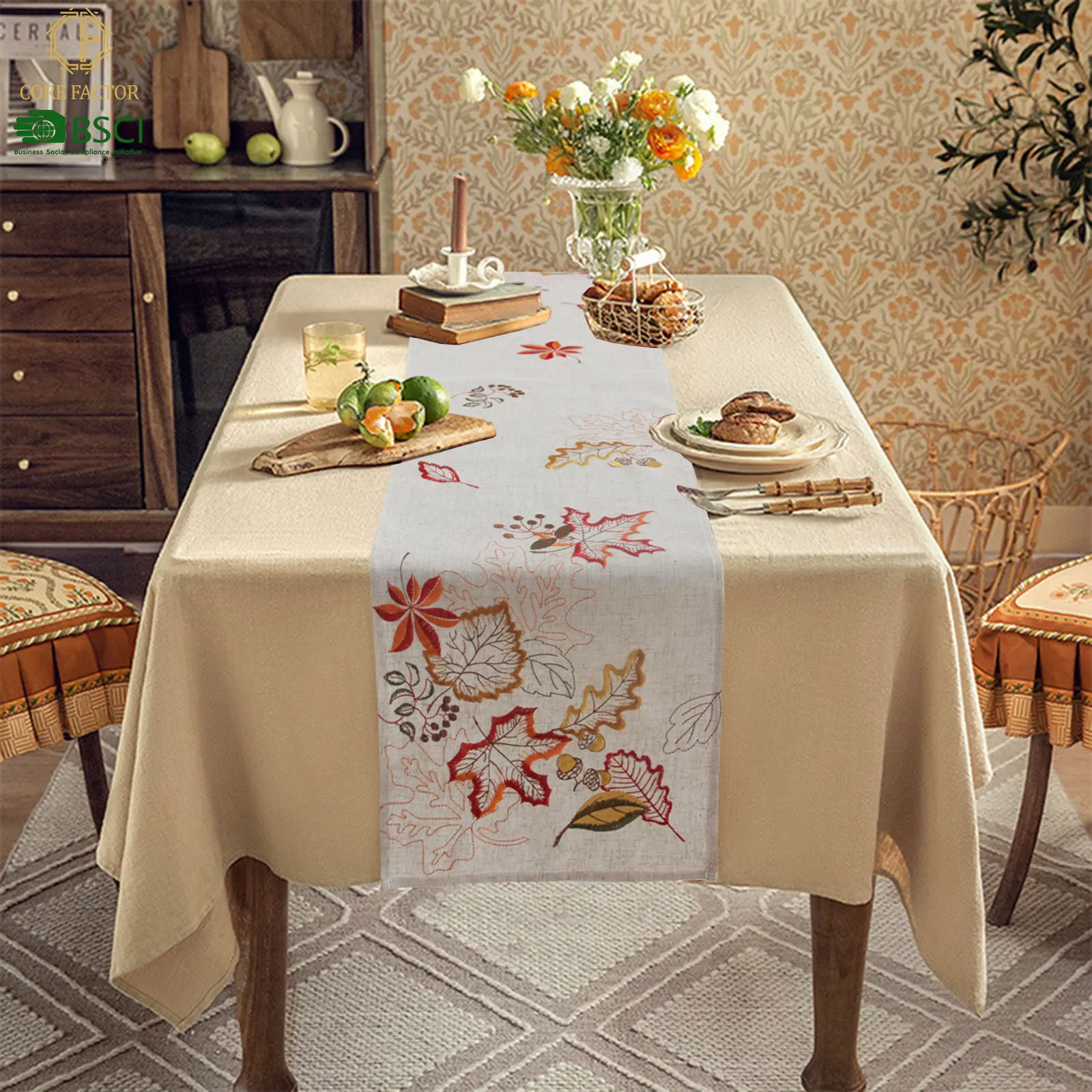 

D134Pastoral maple leaf tablecloth thickened linen embroidered tablecloth holiday decoration dining table flower and bird table