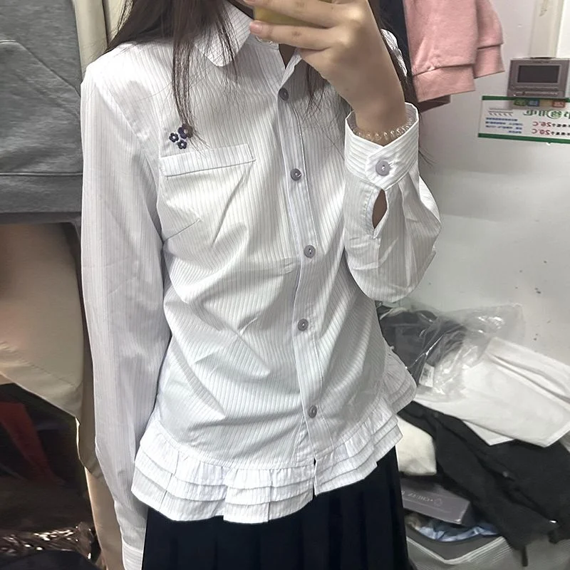 

Japanese Sweet School Style Striped Long Sleeve Shirt with Ruffled Hem for Women