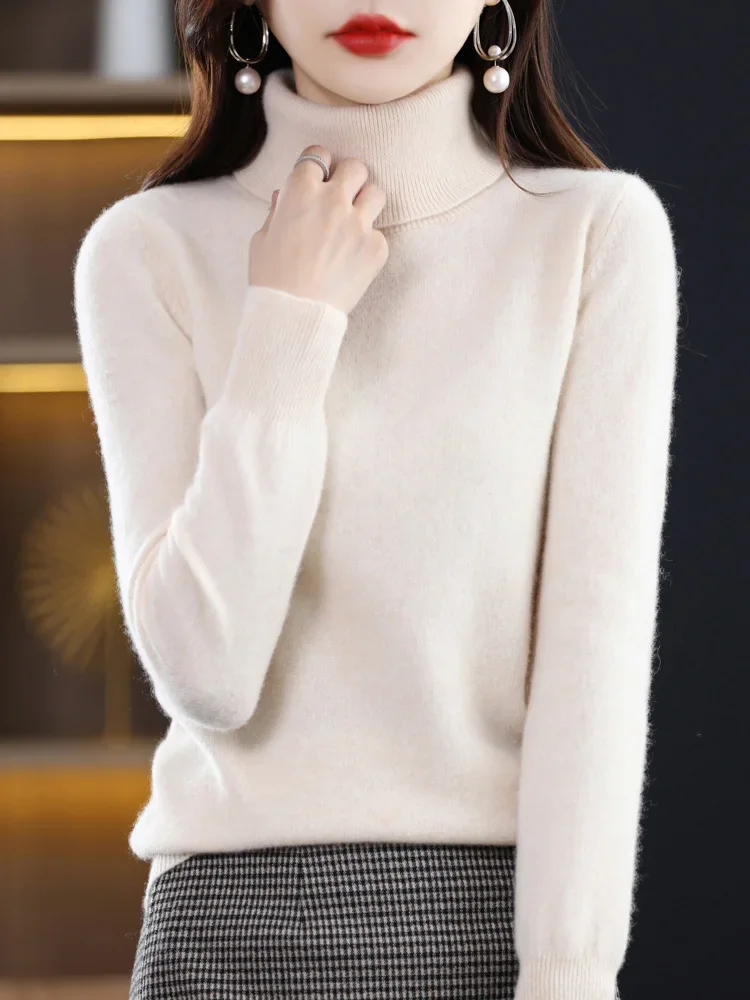 100% Merino Wool Cashmere Women Knitted Sweater Turtleneck Long Sleeve Pullover Autumn Clothing Elegant Casual Jumper Y2k Tops