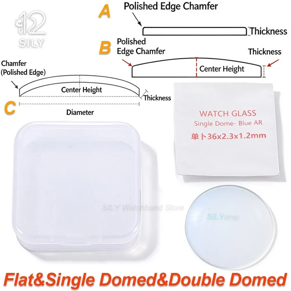 Blue AR Coated Mineral Watches Crystal Glass Flat/Single Domed/Double Domed 1.2mm Thick in Diameters 28-38.5mm Replacement Lens