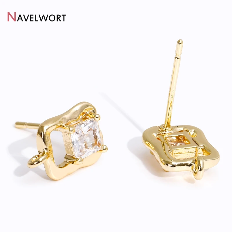 14K Gold Plated Brass Cubic Zirconia Post Earring With Open Jump Rings,Jewelry Making Components,Square Post Earring Accessories
