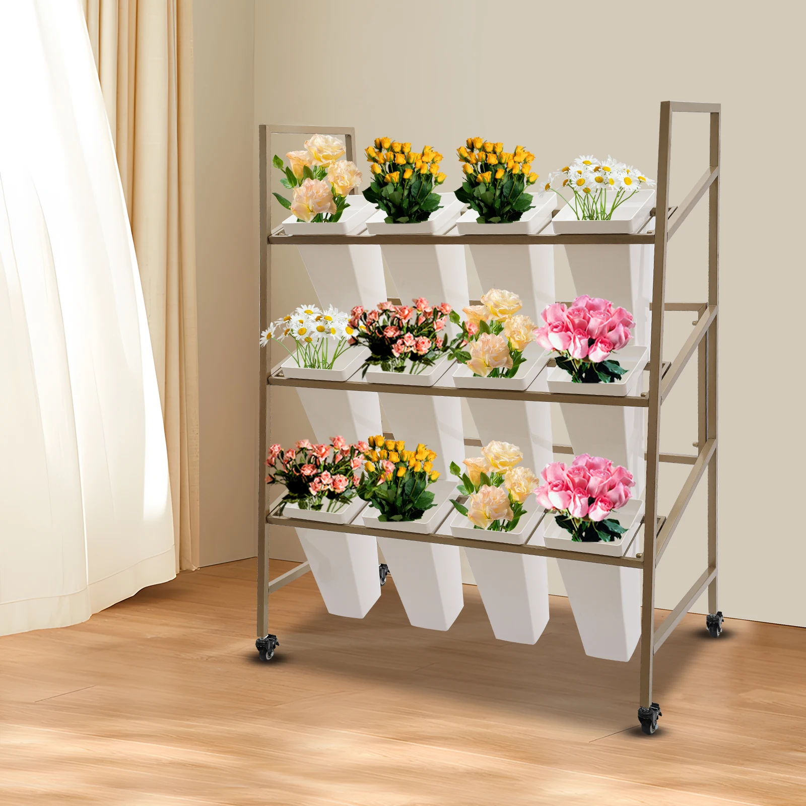 Flower Display Stand 3-Tier Flower Holder 30kg Load Capacity Flower Display Stand with 12 Pieces Buckets Easy to Move & Fix for Homes/Florists/Home Balconies/Gardens/Clubs