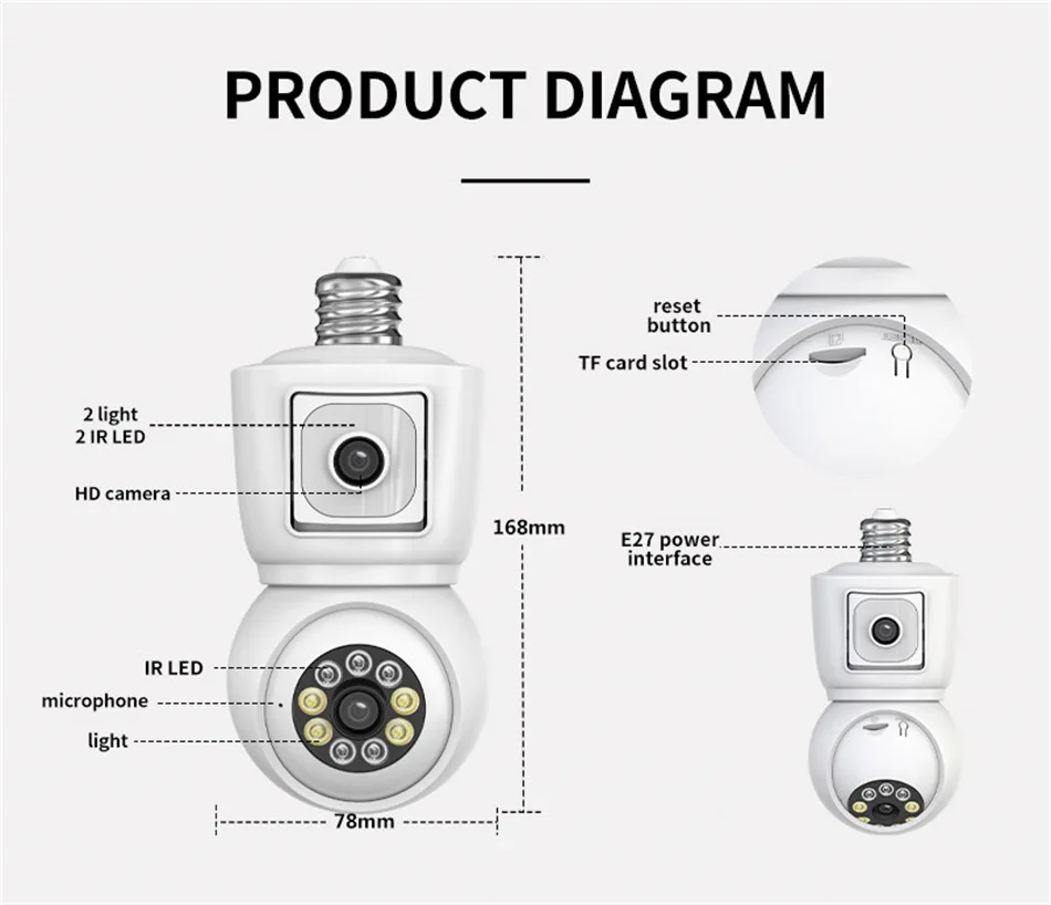 ICsee E27 6MP Bulb WiFi Camera Dual Lens Dual Screen Auto Tracking Two Way Audio Color Night Vision for Indoor Security Camera