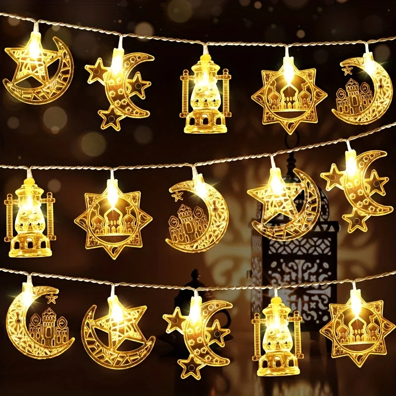 3m 20 LEDs Ramadan Eid Mubarak Decorations Crescent Moon Star Mosque Hanging Ornaments Islamic Home Party Decor Gift 2 Pack