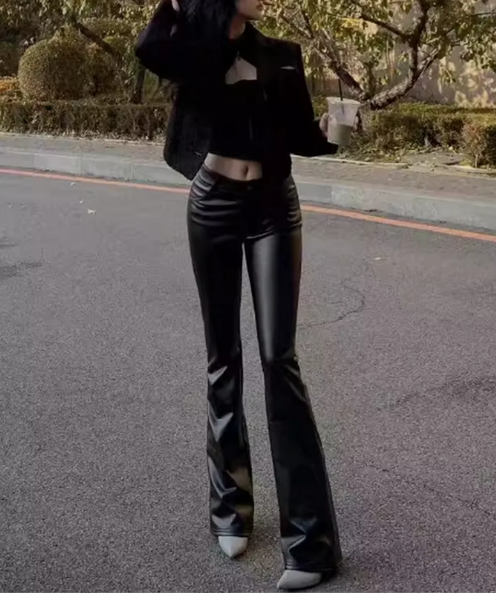 背の高い女性向け フェイクレザー フレア レギンス ロング ハイウエスト ストレッチ シャイニー レギンス ベルボトム プレザー風 フィット プレザー風パンツ