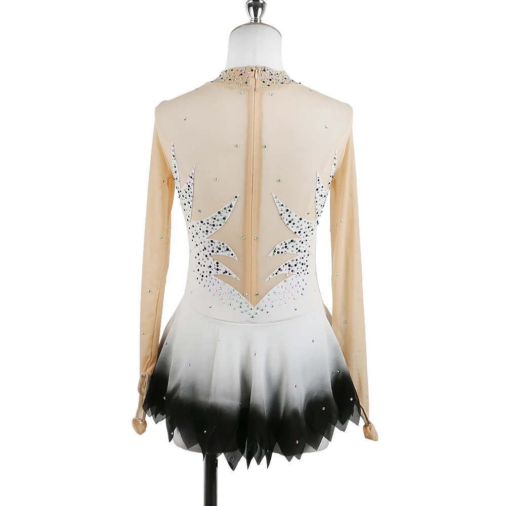 Zagitova White Figure Skating Dress For Women Girls Ice Skating Skirt Long Sleeve Black Gradient Diamonds