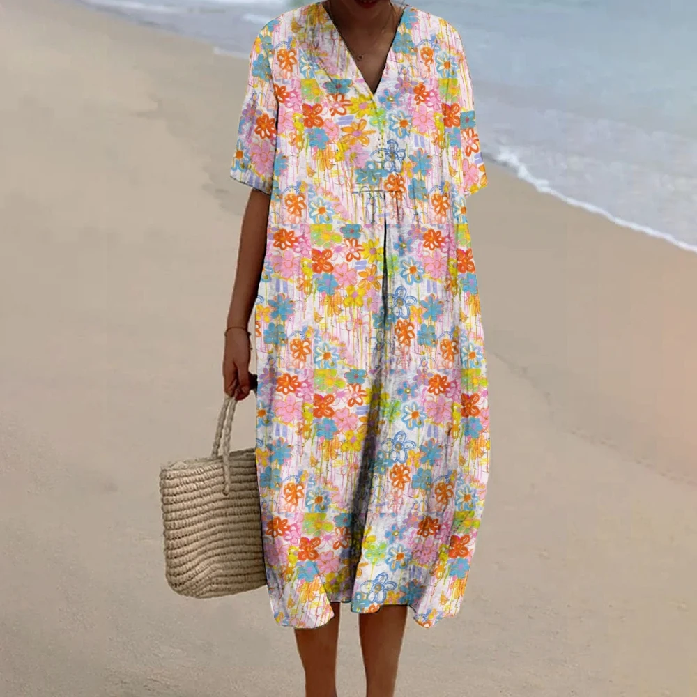 Luxury Brand Designer Dress 2024 Women's Print Flowy Dress Venezuela Elegant V-Neck Baggy Vacation Beach Dresses