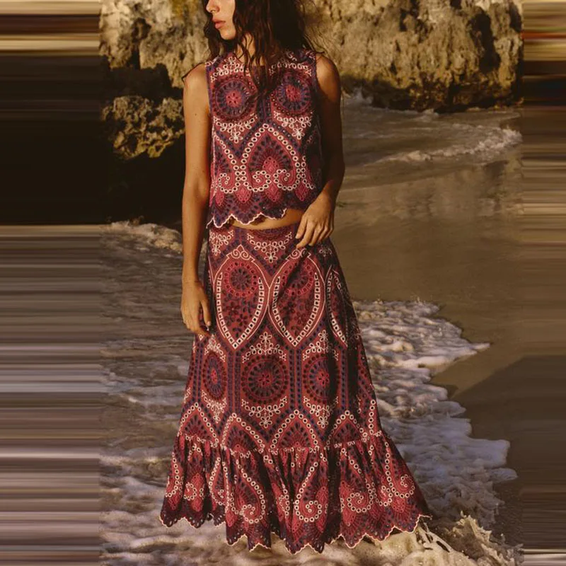 

Spring 2025 Women's round Ne Svel Top Embroidered Midi Skirt Faion Set Polyester Fiber Ladies Premium Collection