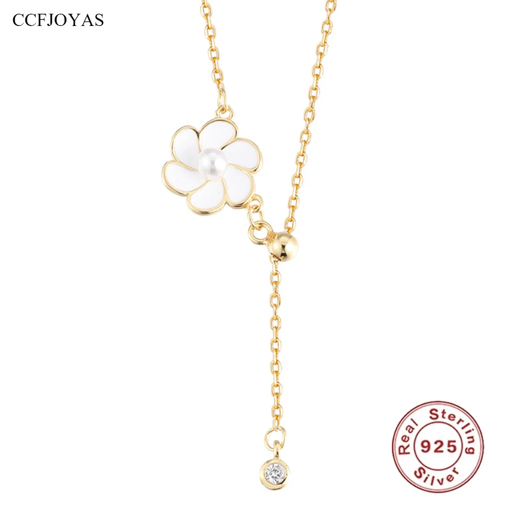 

CCFJOYAS 925 Sterling Silver Plated 18k Gold White Enamel Flower Necklace for Women French Light Luxury Clavicle Chain Gift