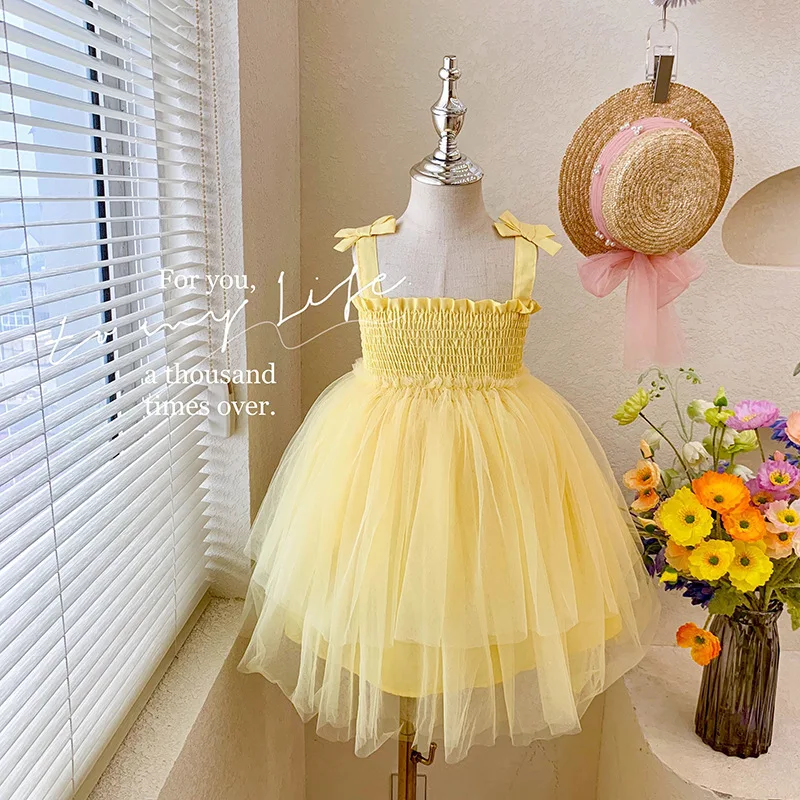 Children's Princess Dress2024Summer New Girls' Mesh Dress Baby Cake Dress Bow Suspender Dress