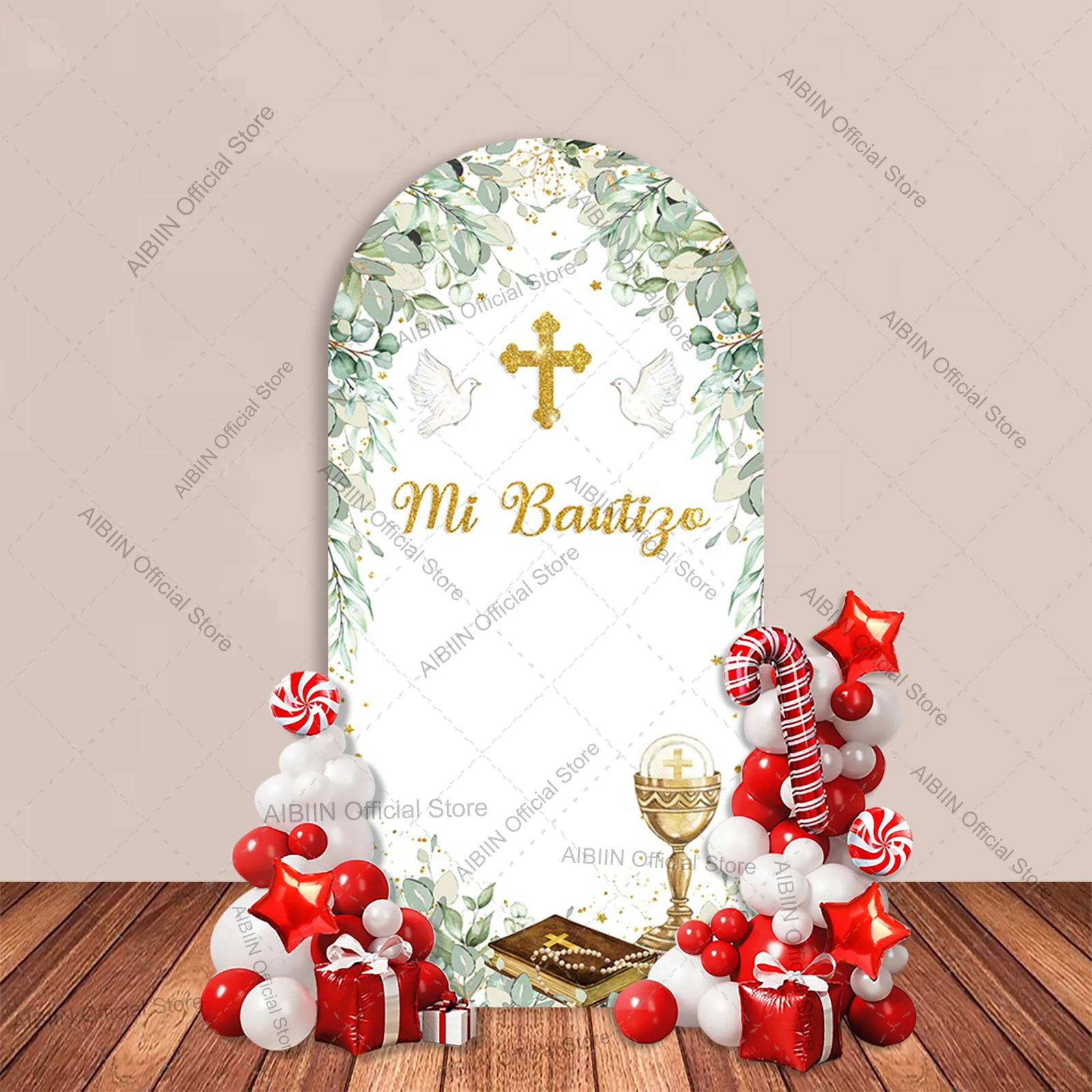 My First Holy Communion Arch Backdrop Cover Kids Mi Bautizo Gold Cross Eucalyptus Leaves Dove Bible Grail God Bless Party Decor