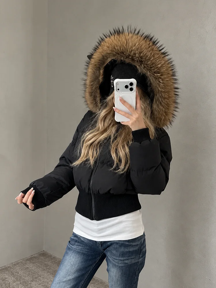 REDDACHiC Faux Fur Hooded Women Down Jacket Winter Thick Warm Cinched Waist Zip-up Quilted Cropped Puffer Coat Versatile Outwear