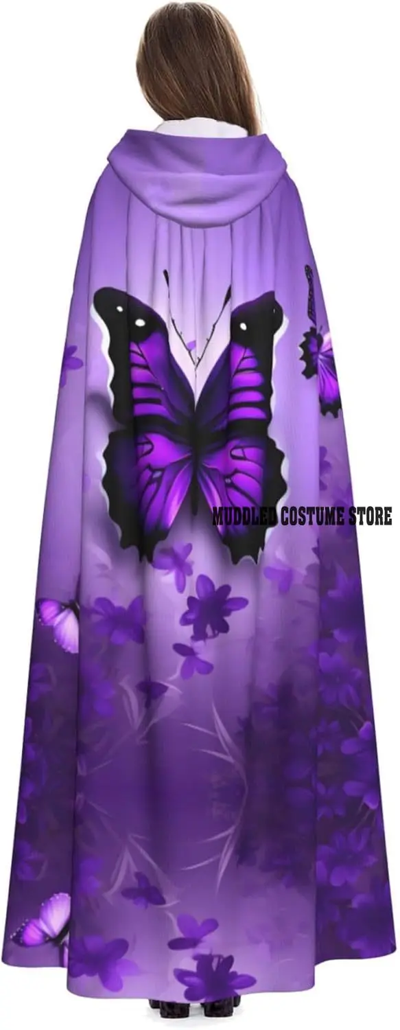 عباءة بقلنسوة على شكل فراشات أرجوانية جميلة للبالغين مع زي رداء رأس ساحرة لعيد الهالوين #4