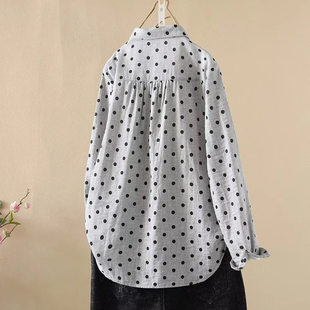 Vintage Cotton Yarn Polka Dot Shirts Women 2024 Japan Fashion Lapel Long Sleeve Gray Dot Shirts Soft Skin-Friendly Base Shirt