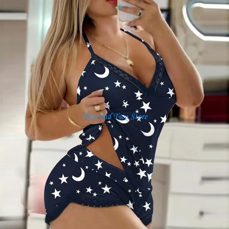 HX6F Sleeveless Summer Cami Top Sleepshorts Set with Lace Edging Soft Homewear Outfit