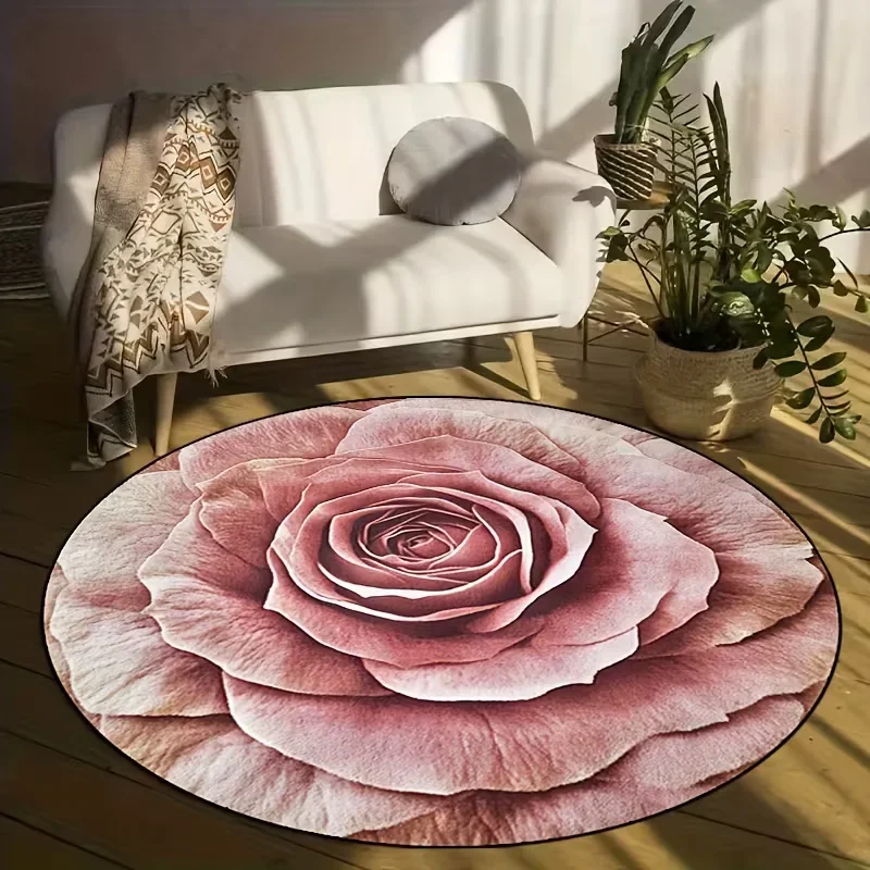 Weicher Rosa Rosen-Rundteppich Realistischer Blumen-Teppich Rutschfeste Bodenmatte für Schlafzimmer Wohnzimmer und Badezimmer