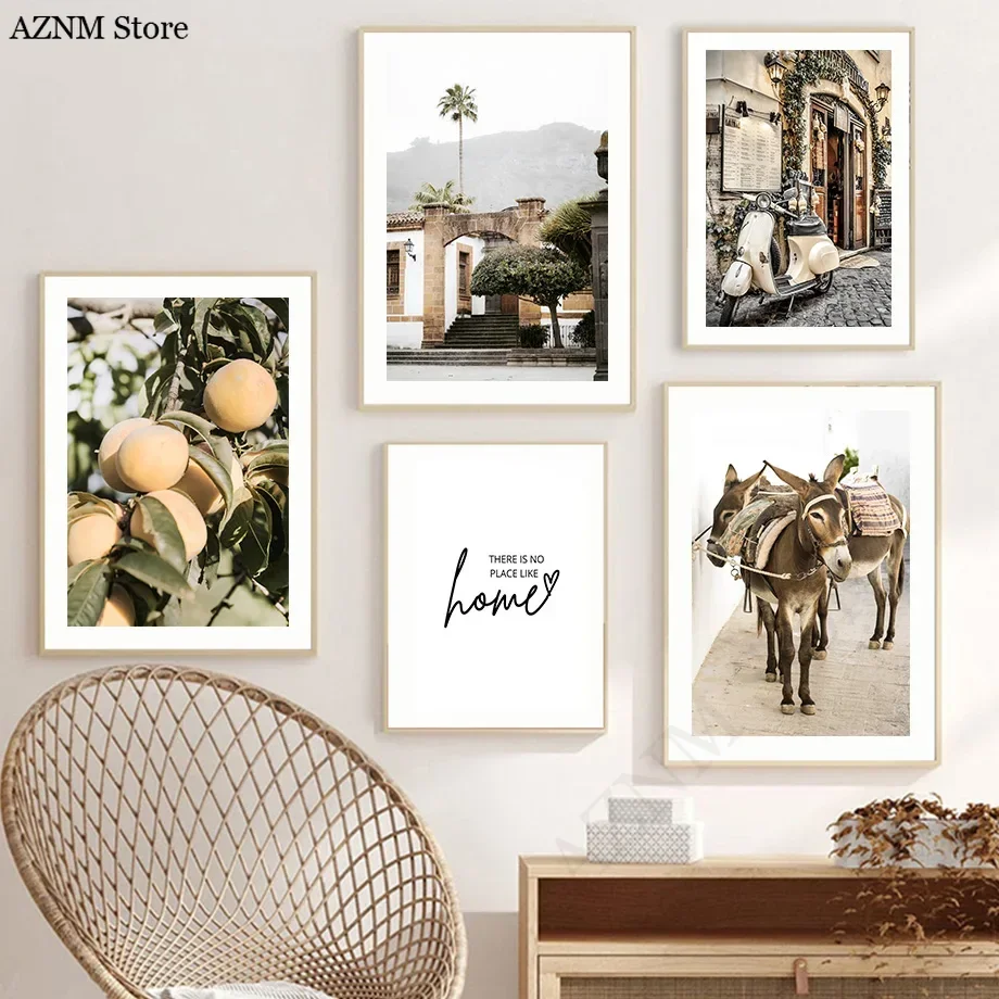 Cafe Motorrad Esel Pfirsich Landschaft Wand Kunst Leinwand Nordic Wohnzimmer Dekor Poster Und Drucke