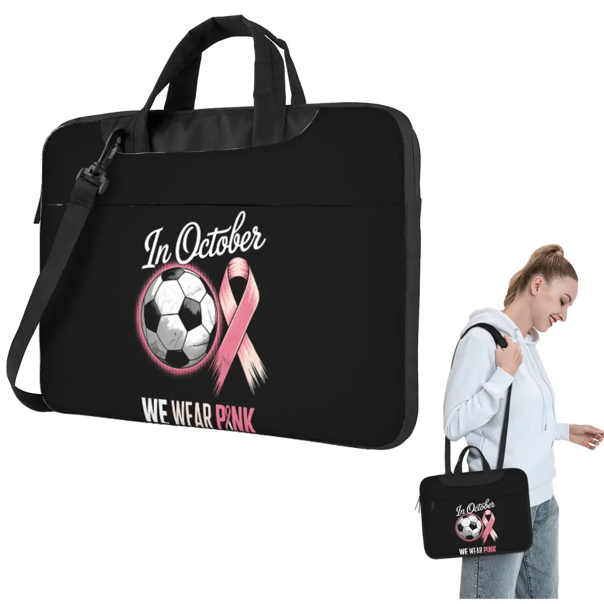 

In October We Wear Pink Breast Cancer Awareness Soccer Ball Laptop Bag Case Computer Bag Resistant Protective Notebook Pouch
