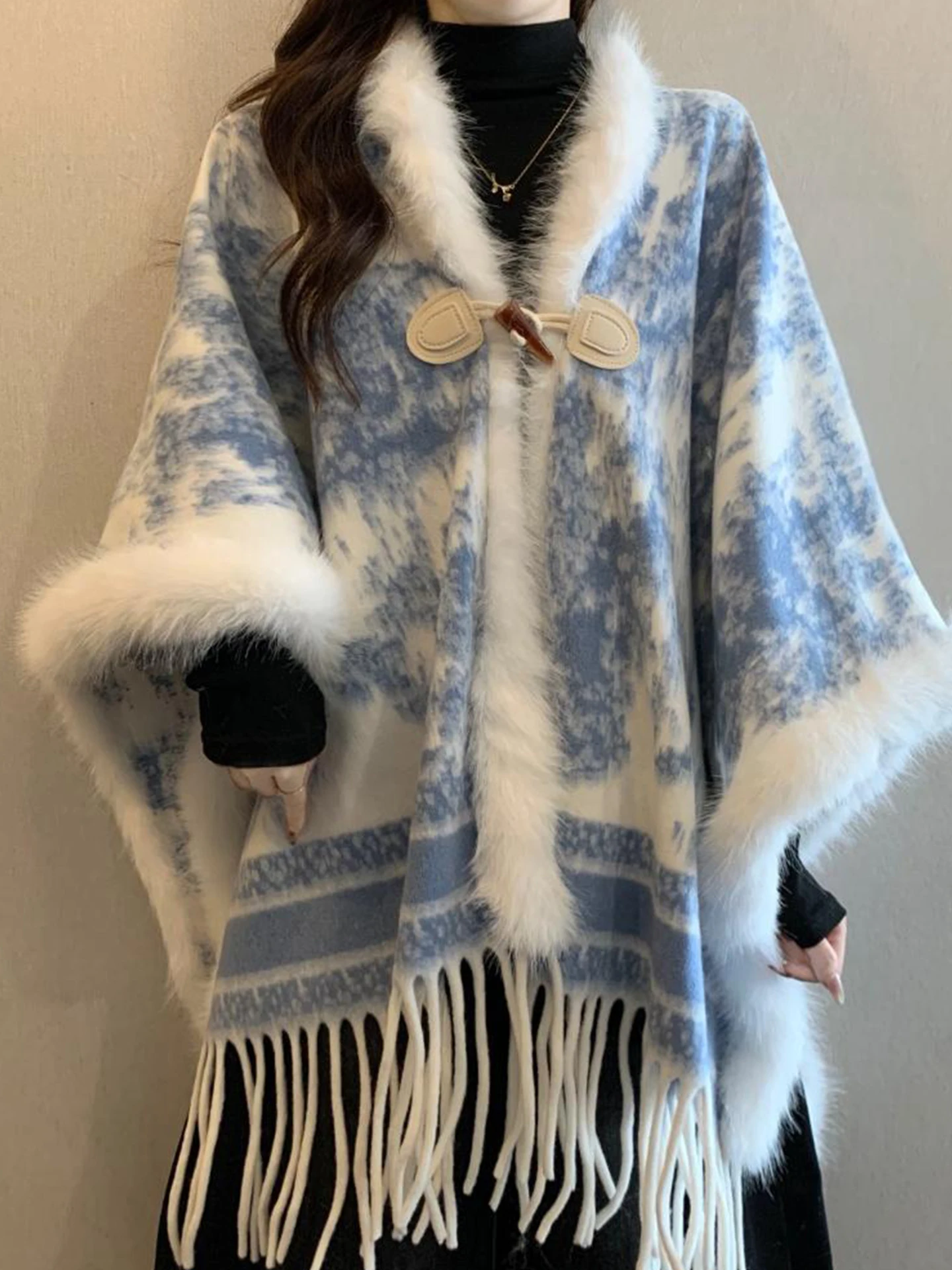 

Water-Media Painting Patchwork Knitted Coat Women's Autumn Winter plus Size Fce Wrap Outerwear Chinese Sle Luxury Tassel...