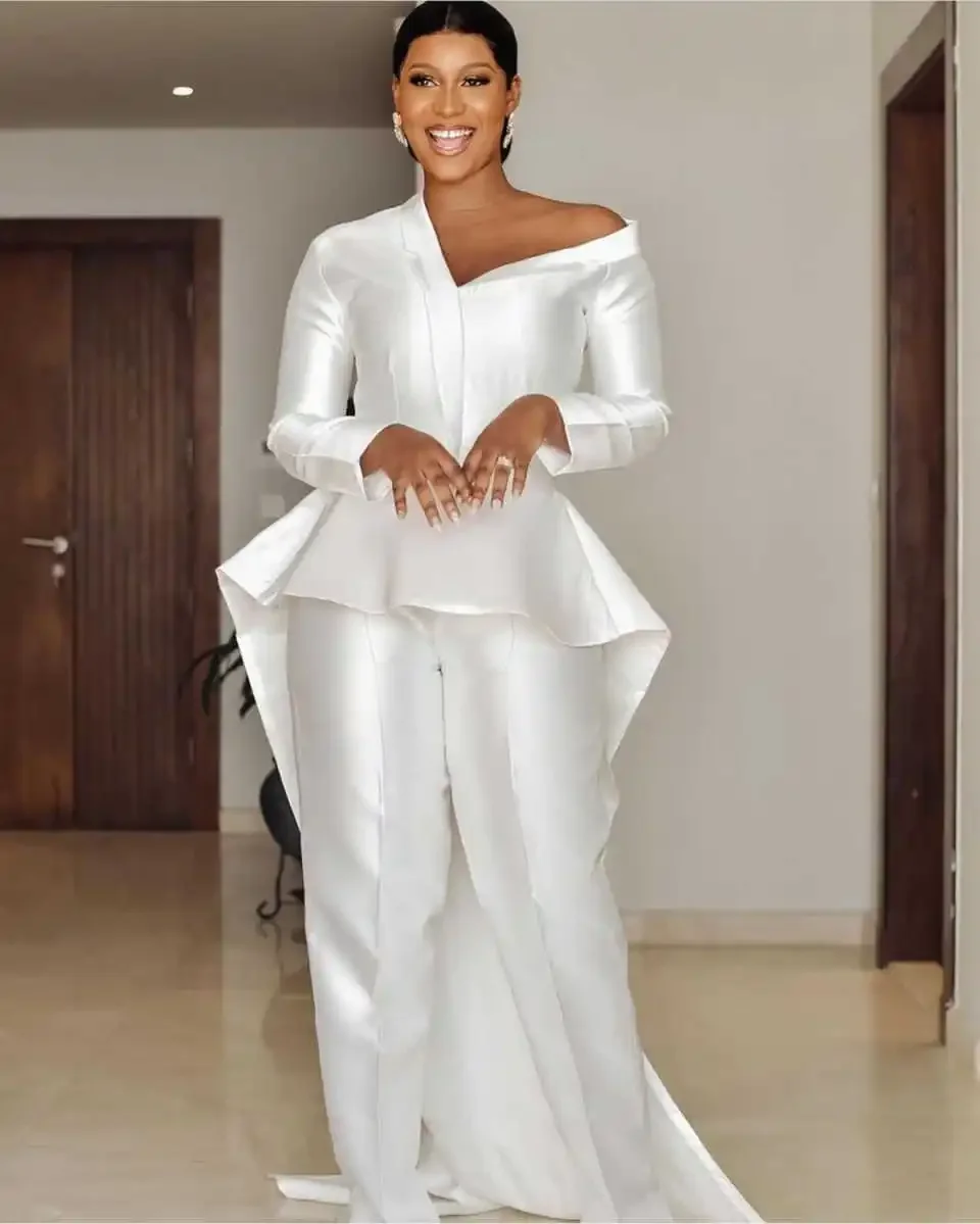 Jumpsuit Wedding Suits Dress Long Sleeve Celebrity Pencil Pants Long Train Jacket Casual bridal Dress Customized