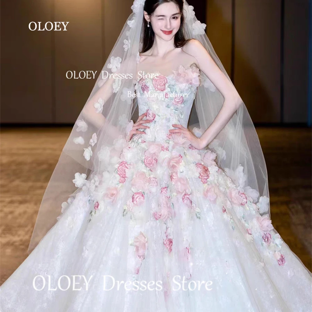 OLOEY Exquisite Strapless Wedding Dresses Photoshoot 3D Appliques Embroidery Tulle Bridal Gowns Floor Length Sweep Train Custom