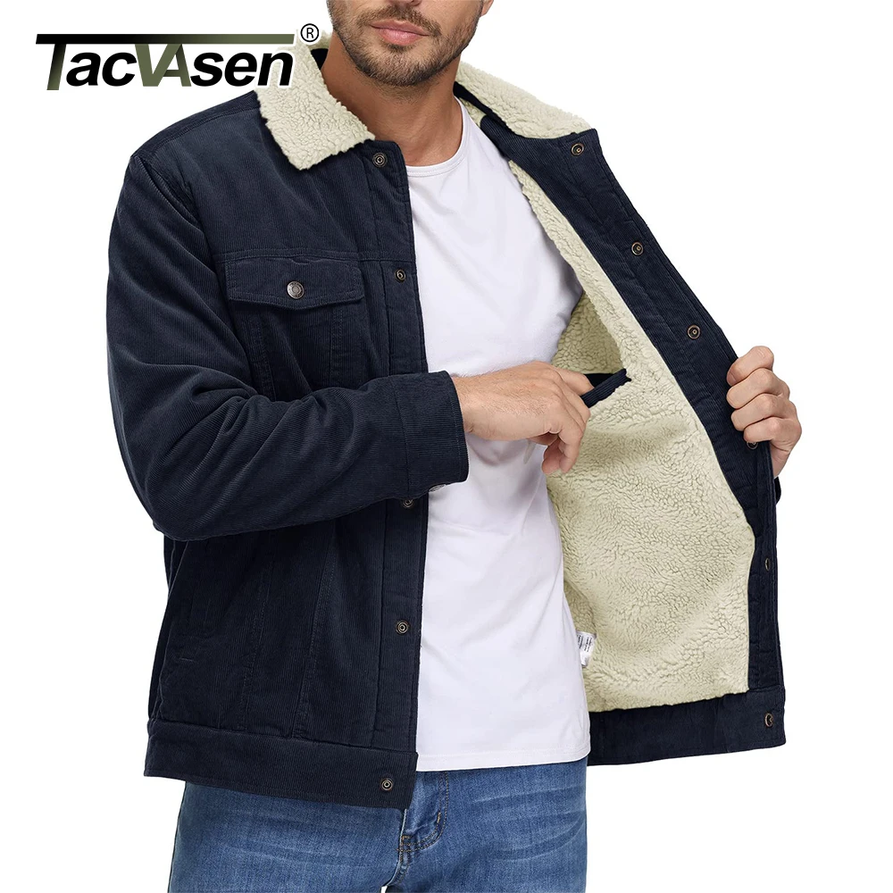 TACVASEN Men's Corduroy Jacket Soft Warmth Sherpa Fleece Lining Turn-down Collar Coat Winter Trucker Cargo Workwear Multi-Pocket