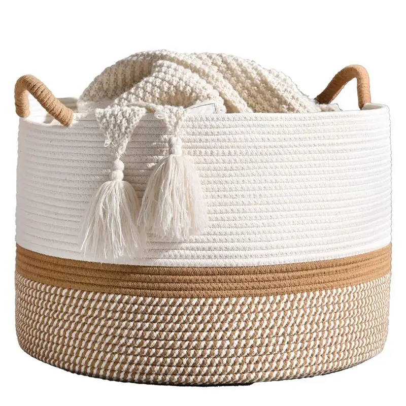 

ABSJ-Large Cotton Rope Blanket Basket For Storage, Laundry, Nursery Foldable Storage Basket Dirty Clothes Basket