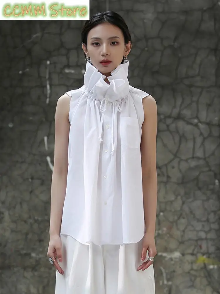 

Women White Ruffles Big Size Blouse New Stand Collar Sleeveless Loose Fit Shirt Fashion Tide Spring Summer