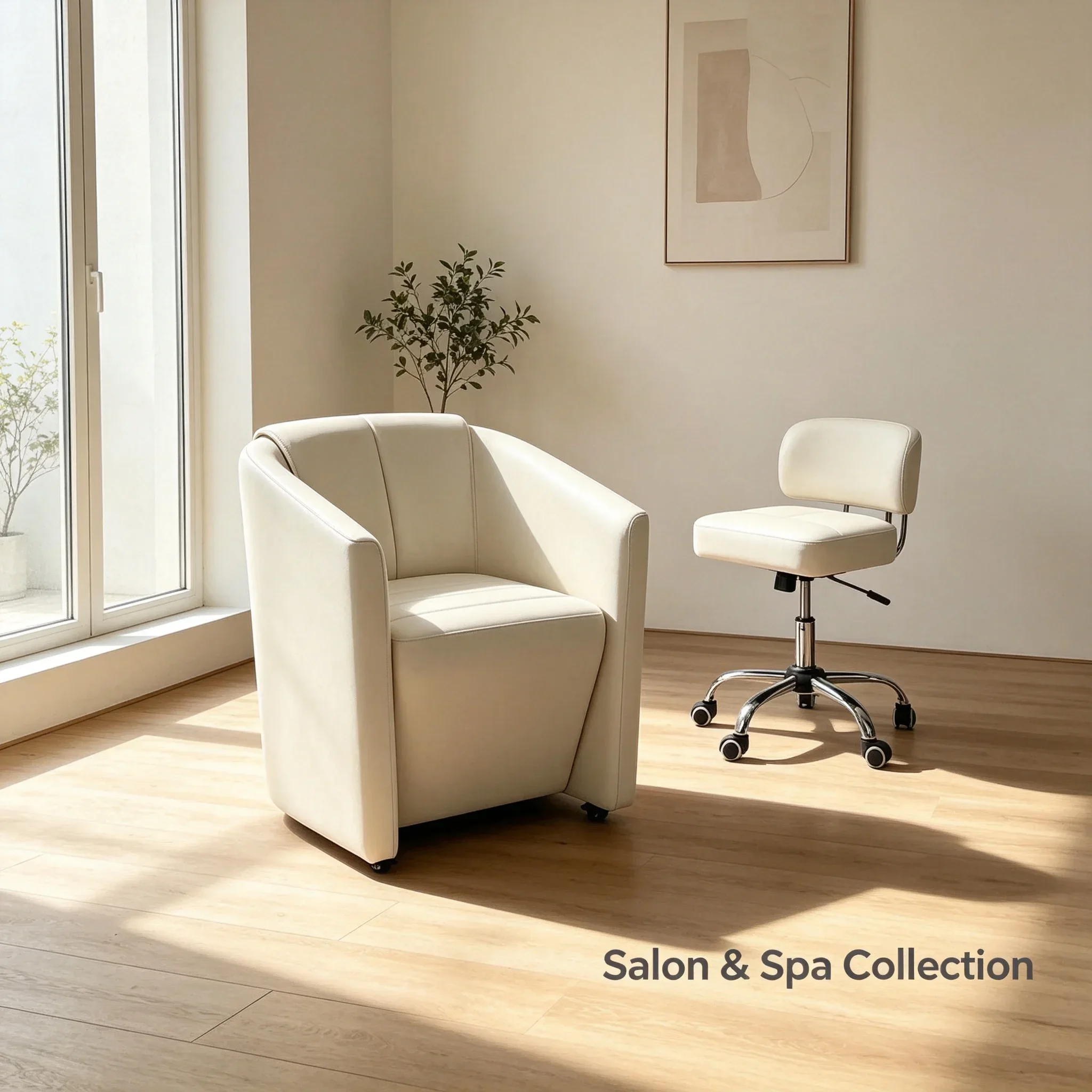 LSSalon Chair Set Hydraulic Barber Stool PU Leather Client Chair Rolling Technician Stool Chrome Base for Beauty Salon Spa