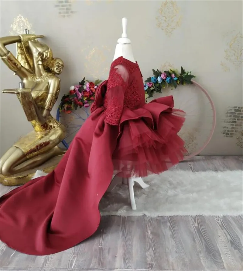 

New Burgundy Flower Girl Dress with Long Train Lace Tulle Little Princess Birthday Party Dress Pageant Gown Long Tail