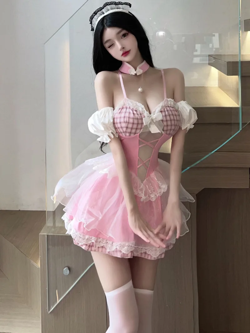 

Sexy Underwear Cute Pure Desire Temptation Uniform Maid Dress Elegant Mesh Lace Sheer Transparent Sweet Mini Dress Tops VWW7