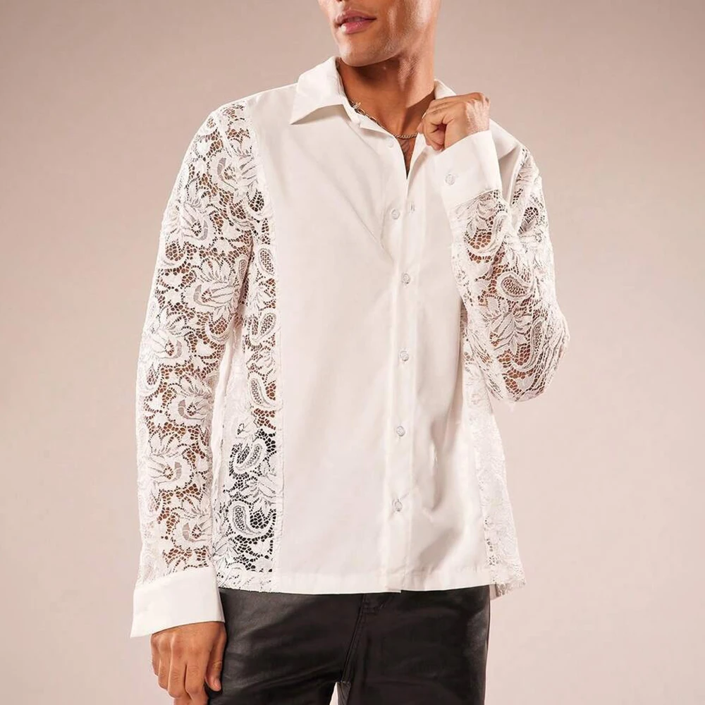 Mens Floral Lace See Through Sexy Shirt Streetwear Fashion Nightclub Breath Stage Niche Long Sleeve Top Men'S Clothing 2026 New