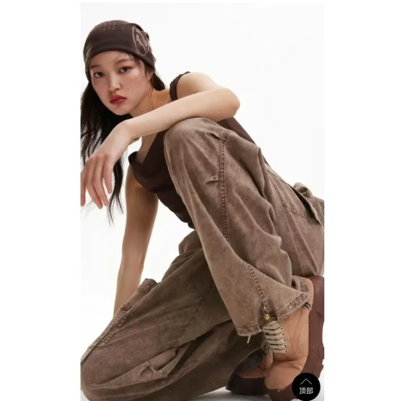 Retro Luźne Ogrodniczki z Wieloma Kieszeniami, Niski Stan, Proste Jeansy, Wytrzymałe i Oddychające, dla Modnych Ulicznych, Bawełniane Spodnie