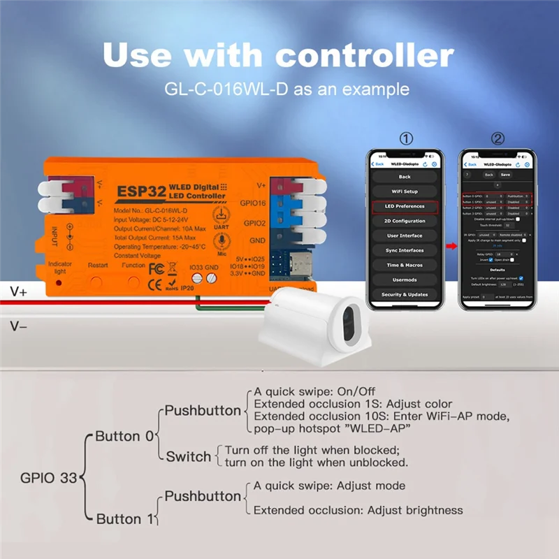 B52C Sensor Push Switch Emulation IR Sensor Switch LED Controller On OFF Dimmer Function Gesture-Aware Trigger White